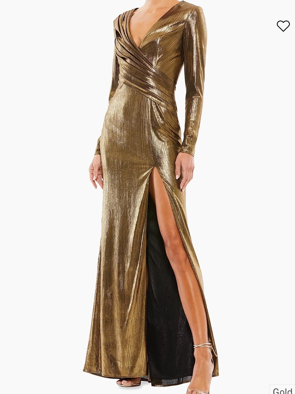 Ieena for Mac Duggal metallic gold long sleeve asymmetrical ruched gown